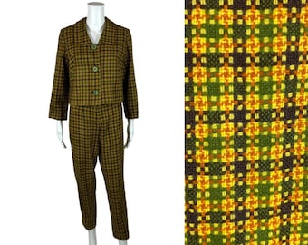 Vintage 60s Wool Outfit Women&#39;s Medium Green Yellow Plaid Pants Jacket Set