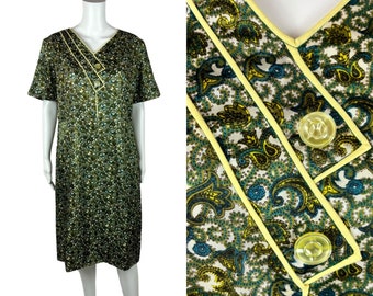 Vintage 50s Satin Dress Women's Extra Large Green Paisley Sheath Hipolito's