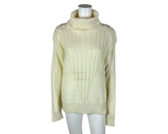 Vintage 80s Turtleneck Women's Large Cream Cable Knit Deadstock Sweater