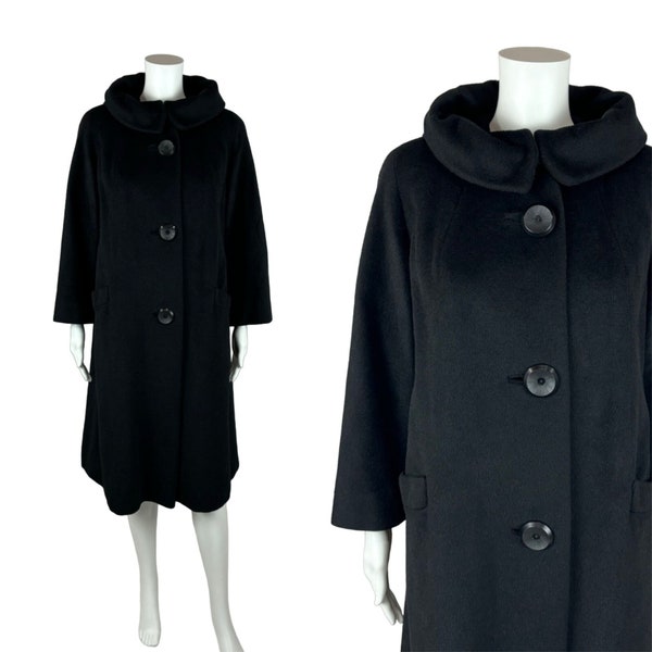 Vintage 50s Black Coat Women's Large Rolled Collar Circle Buttons Alcraft Mid Century