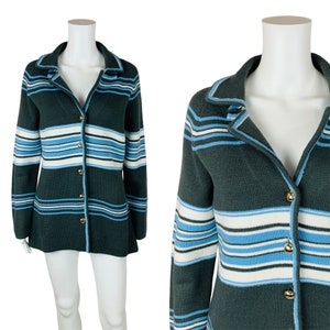 Vintage 70s Striped Sweater Jacket Blue Moss Green Acrylic Knit Cardigan B 42&quot;