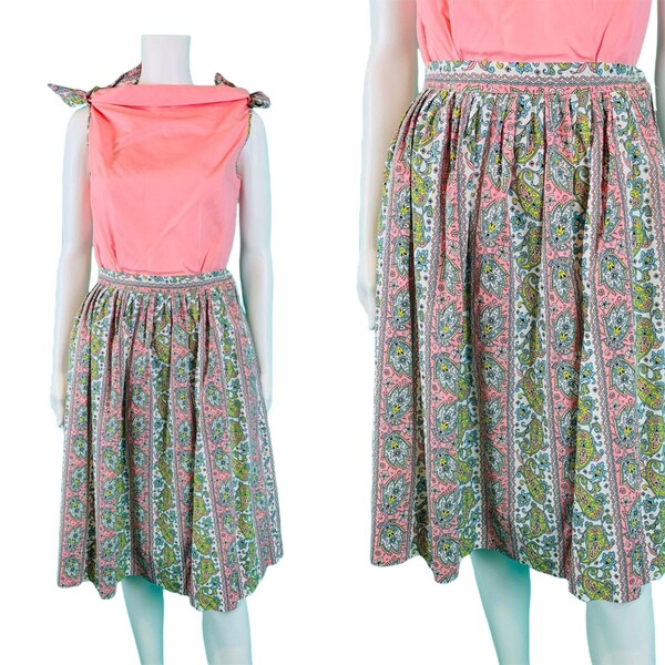 Vintage 1950s Pink Paisley Print Outfit Sleeveless Top Full Skirt Set | W 27"