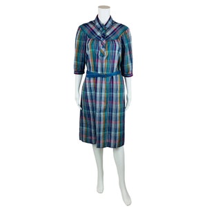 Vintage 1980s Purple Plaid Dress Blue Belted Sheath | B 42&quot;