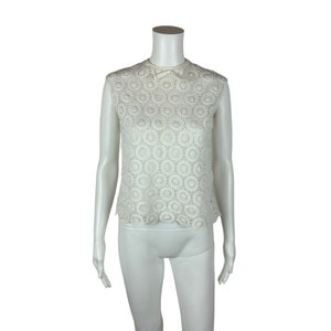 Vintage 50s Lace Blouse Women&#39;s Medium White Bow Neck Button Back Sleeveless Shell Top