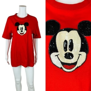 Vintage Sequin Mickey Mouse Tee Face Red Graphic Walt Disney T Shirt L