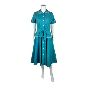 Vintage 50s House Dress Women&#39;s Medium Turquoise Textured Button Down Cotton Fit & Flare