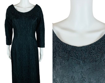 Vintage 1950s Black Lace Dress Soutache Rhinestone Neckline Cocktail AS IS | W 28"