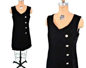 Vintage 1960s Black Velvet Dress Rhinestone Side Button Shift | W 34"