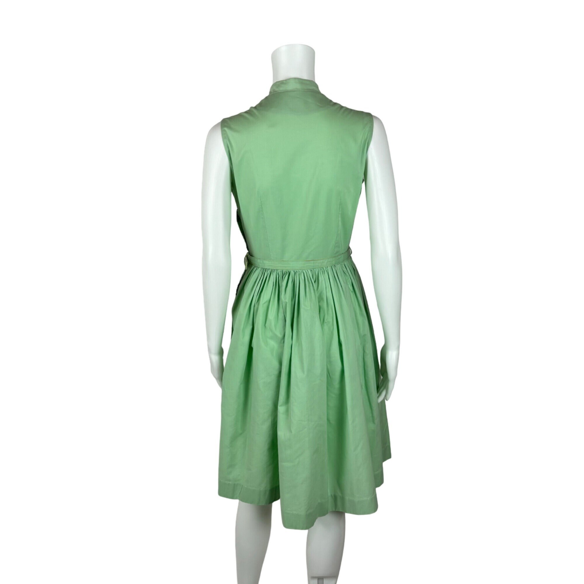 Vintage 50s Mint Green Dress Womens Xs Sleeveless Ruffle Bib Belted Shirtdress