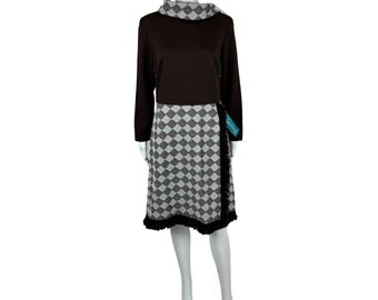 Vintage 70s Polyester Dress Women's Large Deadstock Brown Fringe Checkered Necktie Folk