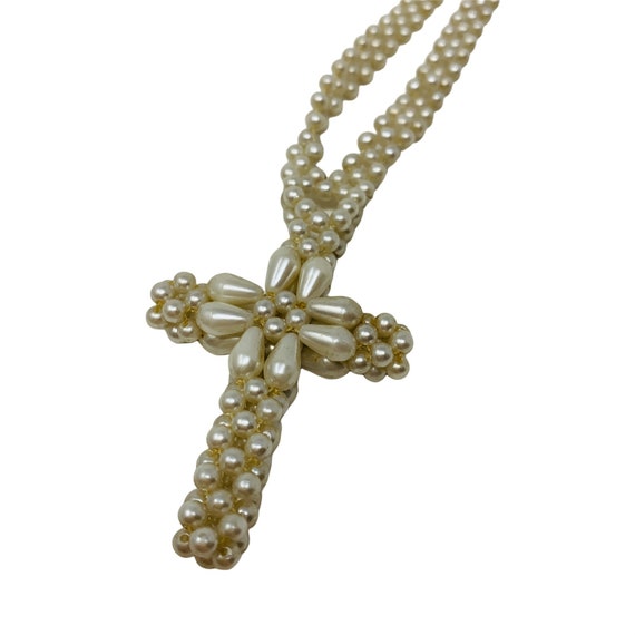 Vintage 1970s Cross Necklace Pearly Beaded Pearl … - image 1