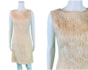 Vintage 1960s White Floral Lace Shift Dress AS IS | W 29"