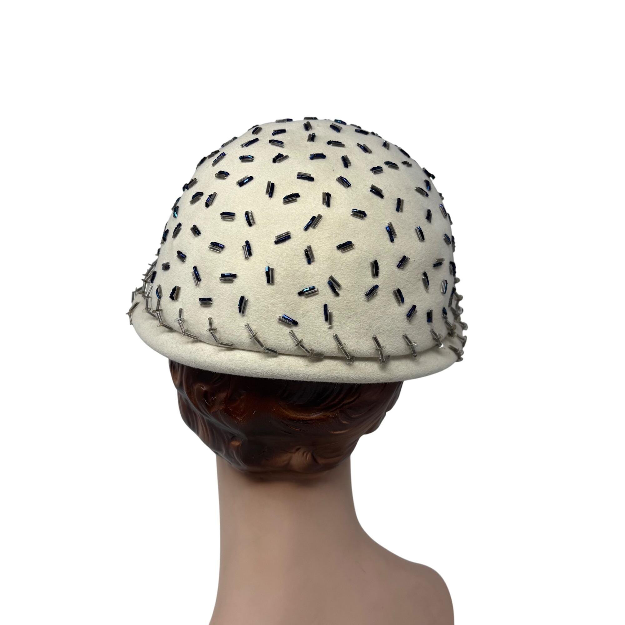 Vintage 1950s Beaded Hat Cream Blue Silver Sequin Cocktail  display picture 3
