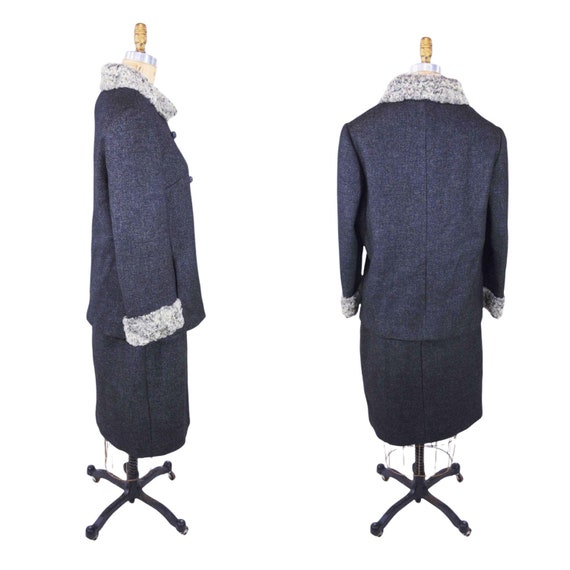 Vintage 1950s Wool Suit Set Charcoal Gray Fur Col… - image 5