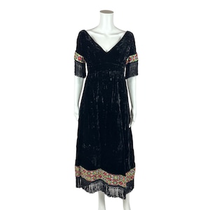 Vintage 70s Velvet Dress Women&#39;s Medium Embroidered Fringe Black Maxi Boho