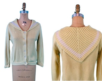 vintage des années 1940 Jaune Cardigan Gold Worm Original Knit Sailor Collar Sweater