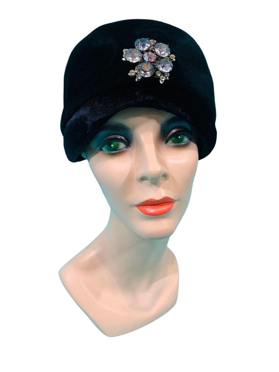 Vintage 1950s Shako Black Rhinestone Glamorous Hat - image 3