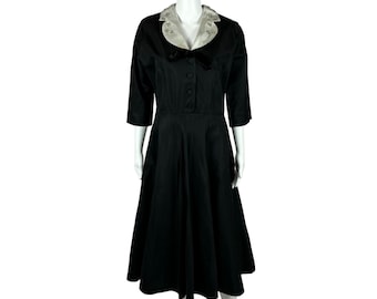 Vintage 40s Dress Women&#39;s Medium Black Taffeta Fit Flare Cocktail Formal Holiday Gown