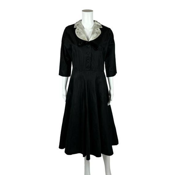 Vintage 40s Dress Women's Medium Black Taffeta Fi… - image 2