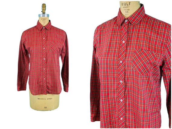 Vintage 1980s Red Plaid Blouse Pierre Cardin Chri… - image 1