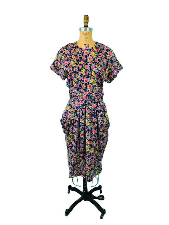 Vintage 1980s Floral Watercolor Dress 1940s Style… - image 2