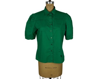 Vintage 80s Green Shirt Womens Large Puff Sleeve Pleated Short Sleeve Top