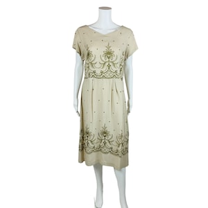 Vintage 1950s Beige Linen Dress Yellow Embroidery Volup | W 35&quot;
