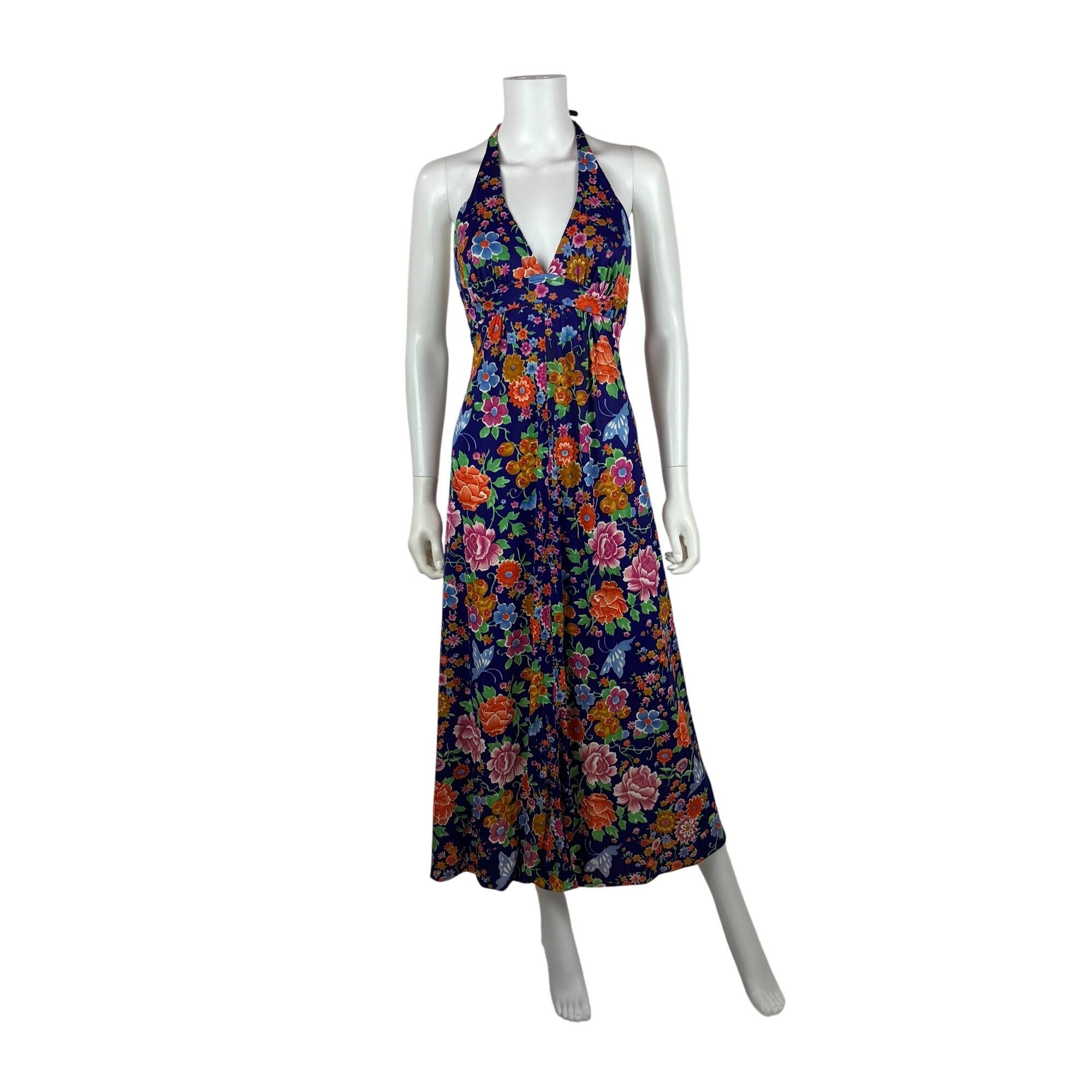 lady vintage butterfly dress 70s Womens Small Bright Floral Print Halter Deep V Neck Midi price-220526