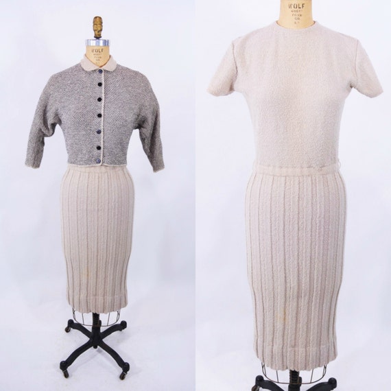 Vintage 1940s Sweater Dress | Beige Boucle Wool Kn