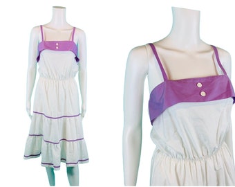 Vintage 1980s Prairie Dress Purple White Tiered Skirt Sundress | W 20-34"