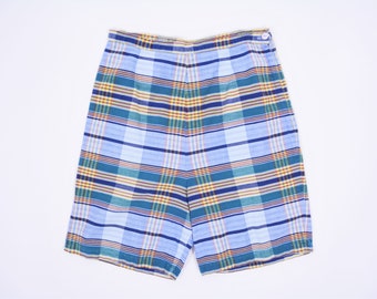 1950s plaid shorts | blue plaid golf high waisted cotton shorts | vintage 50s shorts | W 25"