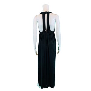 Vintage 70s Halter Dress Women's Small Solid Black Strappy Maxi Cutout Back