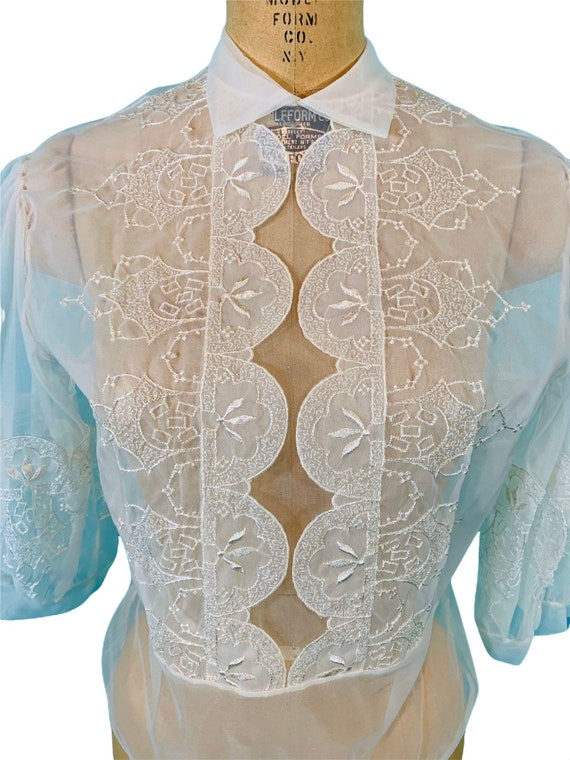 Vintage 1950s Sheer Blouse Puffy Sleeve Button Ba… - image 3