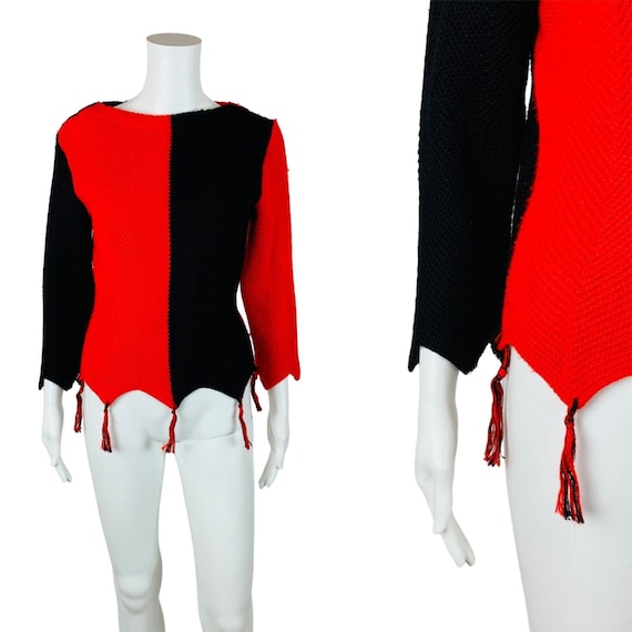 Vintage 1950s Harlequin Sweater Colorblock Red Bl… - image 1