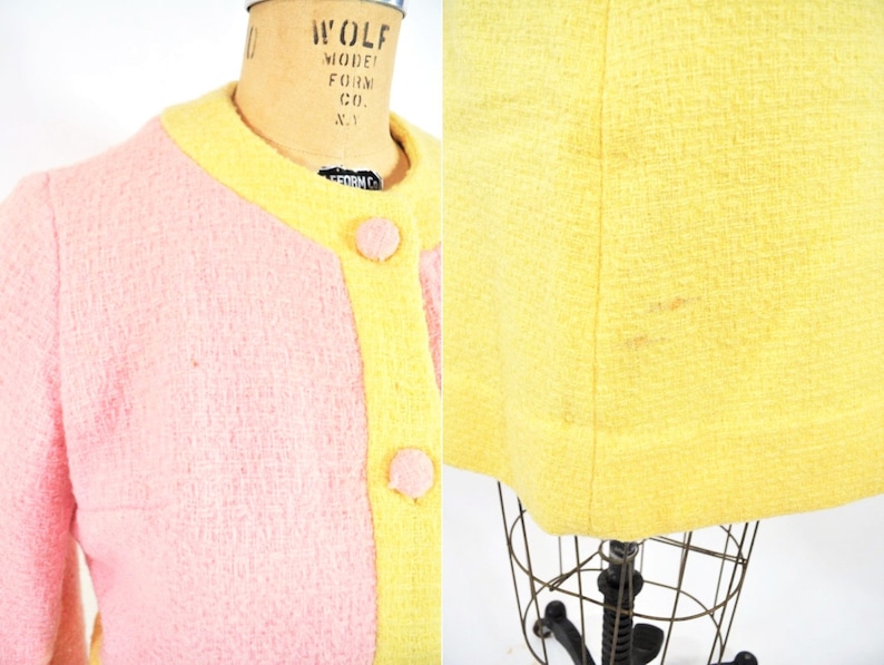 1960s mod suit pink yellow wool jacket skirt blouse vintage set W 25