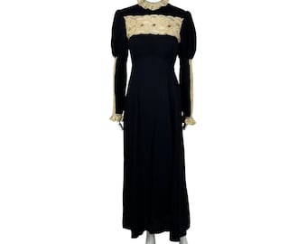 Vintage 70s Maxi Dress Women&#39;s M Black Cream Lace Turtleneck Gothic Gown Victorian