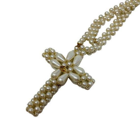 Vintage 1970s Cross Necklace Pearly Beaded Pearl … - image 4