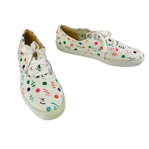 Vintage 90s Keds Sneakers Womens 9 M White Multi Colored Dots Swirls Novelty Print