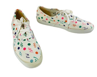 Zapatillas Keds vintage de los años 90 para mujer, talla 9 M, blancas, con lunares multicolores y remolinos, estampado novedoso