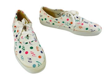 Vintage 1990s Keds White Pastel Sneakers Multi Colored Dots Swirls Novelty Print 9 M