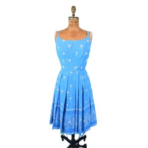 Vintage 50s Hawaiian Dress Womens XS Novelty Border Print Blue Sundress Sun Fashions