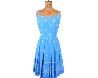 Vintage 50s Hawaiian Dress Womens XS Novelty Border Print Blue Sundress Sun Fashions