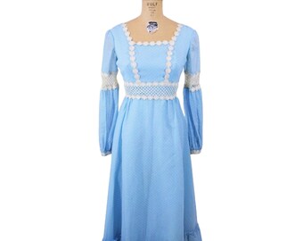 Vestido largo vintage de los años 70 para mujer, talla XS, azul, con lunares, estilo suizo, manga larga, estilo bohemio romántico.