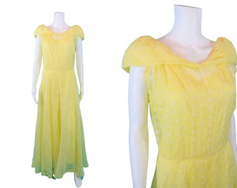 Vintage 1930s Yellow Gown Sheer Embroidered Garden Party Dress | W 28"