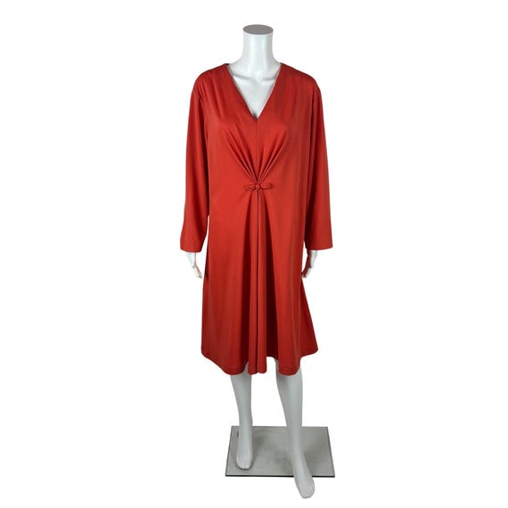 Vintage 70s Cocktail Dress Womens 2X Orange Polyester Knot Detail Volup V  Neck Shift