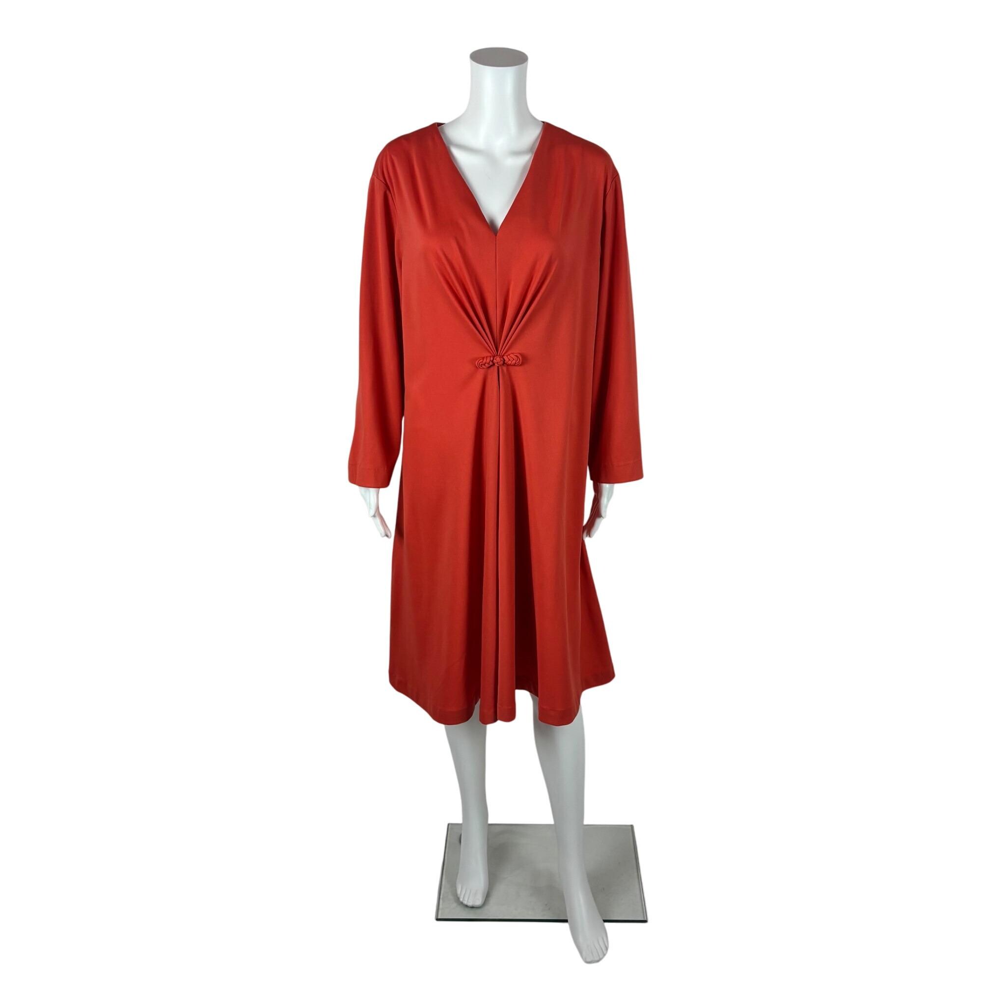 Vintage 70s Cocktail Dress Womens 2X Orange Polyester Knot Detail Volup V Neck Shift