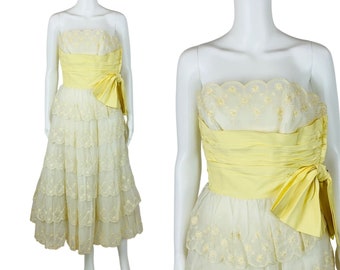 Vintage 1950s Prom Dress Pale Yellow Sash Embroidered Shelf Bust Evening Gown | W 25"