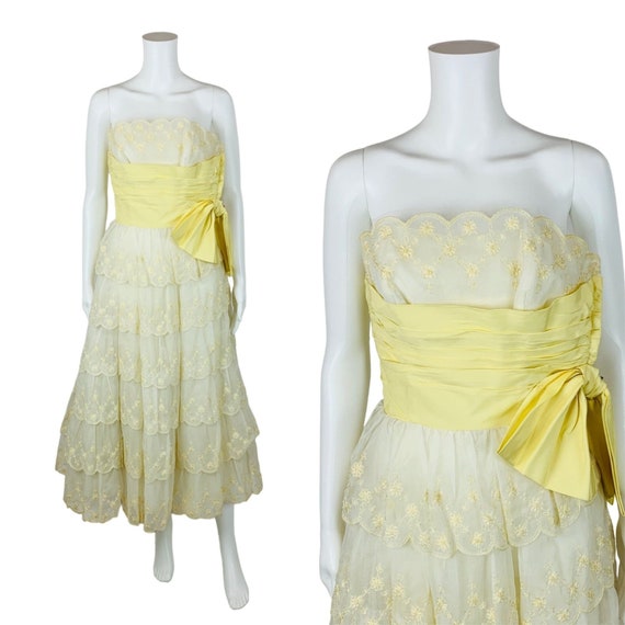 Vintage 1950s Prom Dress Pale Yellow Sash Embroid… - image 1