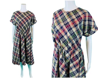 Vintage 1980s Multicolored Plaid Dress Button Skirt Rolled Sleeve Academia | W 21-35"