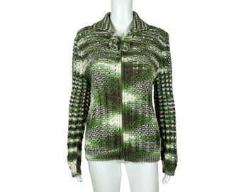 Vintage Green Gradient Sweater Handmade Pom Pom Zip Up Cardigan